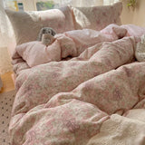 Popxstar  New small floral cloud wrinkle double yarn bed four-piece set princess lace quilt cover three-piece bed sheet set