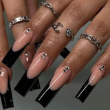 24Pcs Black French False Nails Long Ballet False Nail Wearable Simple Coffin Fake Nails with Rhinestone Press on Nail Tips