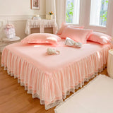 Popxstar shabby chic Princess Style Lace Bed Skirt + Pillowcases Bedding Bedspreads Sheet Pink Lace Bedding Set Solid color Bed For Girl Bed Cover