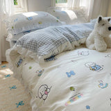 Popxstar Blue Floral Ruffle Duvet Cover Set Queen Flower Leaf Comforter Covers 4Pcs Soft Luxury Pastoral Garden Washed Cotton Bedding Set