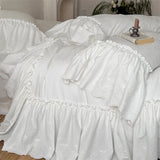 Popxstar  100% Cotton White Pleated Ruffles Princess Wedding Bedding Set Washed Cotton Duvet Cover Flat/Fitted Bed Sheet Pillowcases 4Pcs