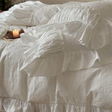 Popxstar  100% Cotton White Vintage French Princess Wedding Bedding Set Washed Cotton Pleated Ruffle Duvet Cover Bed Skirt Pillowcase 4Pcs