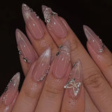 Popxstar 24Pcs Pink Almond False Nails Butterfly Ballet with French Design Wearable Fake Nails Simple Artificial Press on Nails Tips Art