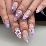 Popxstar 24Pcs Pink Almond False Nails Butterfly Ballet with French Design Wearable Fake Nails Simple Artificial Press on Nails Tips Art