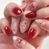 Popxstar 24pcs Sweet False Nail Patches Detachable Fake Nail Tips With Bowknots Love Heart Pearl Design Pink Almond Korean Press On Nail