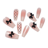 popxstar Blush Pink Handmade Press On Nails 10Pcs Glossy Ballerina Fake Nails 3D Black Bowknot Decor Women Girls Charm False Nail Patches
