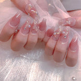 Popxstar Blush Pink False Nails Bowknot Diamond Pearl 3D Design Press on Nail Tips with Harmless Smooth Edge Nails Woman DIY Fake Nails