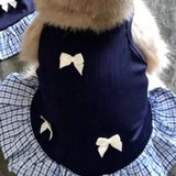 Kitten Navy Plaid Ruffle Hem Camisole Dress White Bow Decor Breathable Light Fabric For Balcony Lawn Leisure