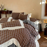 Popxstar  Vintage Plaid Flowers Lace Ruffles Bedding Set 100% Cotton Double Layer Yarn Duvet Cover Flat/Fitted Bed Sheet Pillowcases 4Pcs