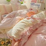 3/4Pcs Bedding Set French Princess Lace Sweet And Creamy Style Cotton Duvet Cover Pink Twice Bed Linen With Ruffles Pillowcase