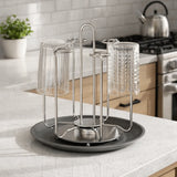 Stainless Steel Rotating Cup Holder Large Capacity Upside-Down Cup Drying Rack Saving Space with Tray Glass Cup Stand Cabinet