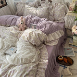 Popxstar 3/4Pcs Korean Princess Style Floral Ruffles Bedding Set Skin-friendly Soft Duvet Cover Set Bed Sheet Or Bed Skirt Pillowcases