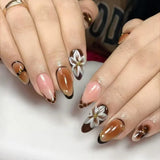 Popxstar  24pcs Flower Full Cover Nail Tips Brown Round Almond False Nails Art Press on Ins French Smudge Design Datachable Fake Nail Sets