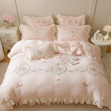 Popxstar  4Pcs Korean Princess Style Bedding Set Rose Flowers Embroidery French Lace Ruffles Milk Velvet Duvet Cover Bed Sheet Pillowcases