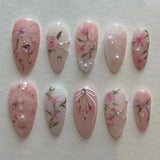 Popxstar 24pcs Sweet False Nail Patches Detachable Fake Nail Tips With Bowknots Love Heart Pearl Design Pink Almond Korean Press On Nail