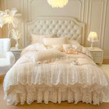 popxstar 4/6Pcs Pink Princess Wedding Lace Embroidery Korean Style Bedding Set King Queen Size Duvet Cover Bed Skirt Bedspread Pillowcase