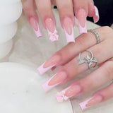 Popxstar  24Pcs Long Coffin Fake Nails Pink French Tips Press on Nails Ballerina Full Cover False Nail for Women and Girls DIY Manicure