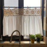 French Country White Linen Yarn Curtains Stitching Hollow Crochet Lace Half Curtain Tether Top Short Curtains for Kitchen