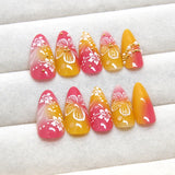 Popxstar 24pcs White Flower Fake Nail Tips Ins Yellow Pink Blush False Nails Wearable Full Cover European Almond Shaped Press on Nails