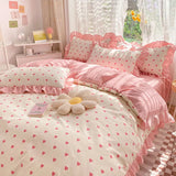 Popxstar Ins Pink Princess Lace Love Heart Duvet Cover Pillowcase and Bed Skirt Sheet for Girls Bedding Linen 4pcs Home Textiles