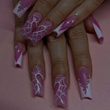 Popxstar 24-piece Long French Patchwork Cobweb Fingernail with 1 Jelly Glue and 1 Nail File