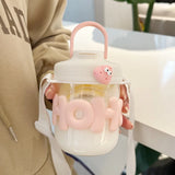 400ML Cute Girl Transparent Glass Heat Resistant Water Bottle With Pearl Bracelet Portable Double Drinking Coffee Mug Straw Cups