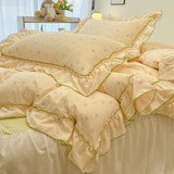 Popxstar 2/3Pc Korean Princess Style Floral Ruffles Bedding Set Single Queen Size Soft Skin-friendly Washed Cotton Duvet Cover Pillowcase