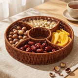 Imitation Rattan Serving Tray Round Shape Multi Compartment Snack Basket Sturdy Frame Hand‑Woven Dry Fruit Plate