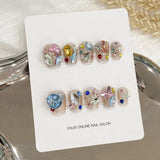 10pcs Sweet Cool Press on Nails Blue Cat Eye False Nails 3D Silver Star Fake Nails Glitter Rhinestone Nail Art Short Coffin Nail