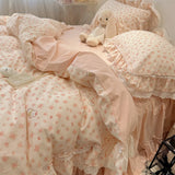 Popxstar  3/4Pcs Korean Princess Style Floral Lace Ruffle 100% Cotton Bedding Set Duvet Cover Bed Skirt/Bed Sheet/Fitted Sheet Pillowcases