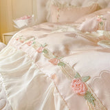 Popxstar  4Pcs Pure Cotton French Flowers Lace Ruffles Princess Wedding Bedding Set Duvet Cover Quilted Bedspread Bed Skirt Pillowcases