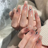 popxstar Black Y2K Press on Nails Long Coffin Pink Fake Nails with Diamond Designs Gradient Color Wearable False Nail for Women 2025 New