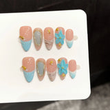 24pcs Exquisite 3D Floral Press on Nails Gold Lined Design Nail Sculpture Flower Nails Full Cover Manicure Almond Nail for Girls