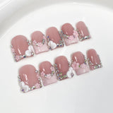 Popxstar  10pcs Sweet Nude Pink Handmade Press on Nails Art Bow Design Short Square Fake Nail Tips Flower Diamond Design French False Nail