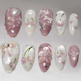 24pcs Red Cat Eye Press on Nails Pearl Heart Stick on Nails Bow French Fake Nails Sweet Cute Flower Nail Almond 3D False Nail