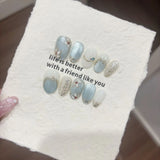 10pcs Short Almond False Nails Blue Gradient Fake Nails Hand Painted Flowers Pearl Stick on Nails Shiny Cat Eye  Press on Nail
