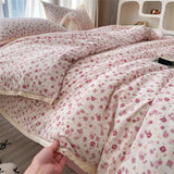 Popxstar INS Girls Cherry Soft Bedding Set Washed Cotton Bed Sheet Queen King Size Duvet Set Flower Comforter Set Pillowcase Bed Linens