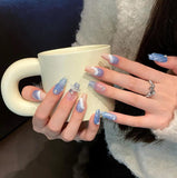 popxstar Glossy Blue Handmade Press on Nails Mermaid Tail Pearls Diamond Designs Stick-on Fake Nails Gradient Color Ballerina False Nails