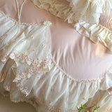 Popxstar  4Pcs Romantic Double Layer Lace Princess Wedding Bedding Set 100% Cotton Duvet Cover Bed Sheet Or Quilted Bedspread Pillowcases