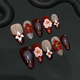 Popxstar  10Pcs Handmade Press On Nails Almond Red French Tips Fake Nails Fairy Flower Designs Bride Wedding Boho Style False Nails