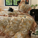 Popxstar  Nordic Bedding Sets 100% Cotton Floral Flat Bed Sheet Set 2 Pillowcases Skin-Friendly Queen King Double Size Bed Linen Set