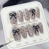 popxstar 10Pcs Nude Color Handmade Press On Nails Black Dot Bowknot Designs Short Square Fake Nails Shiny Cat' Eyes Wearable False Nails