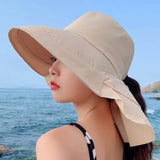 Popxstar Women's Summer Hat for The Sun Wide Brim UV Neck Protection Solar Beach Bucket Hats Foldable Ponytail Travel Panama Caps Female