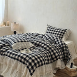 Popxstar  Vintage Black White Plaid Style Lace Ruffles 100% Cotton Double Yarn Soft Bedding Set Duvet Cover Bed Skirt Pillowcases 4Pcs