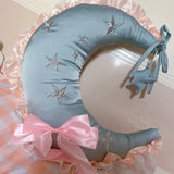 popxstar Creative Lolita Moon Cushion Girls Bedroom Decorative Pillow Lace Ruffle Bow Decorative Moon Shape Back Cushion Seat Cushion