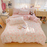 Popxstar  Ins Floral Bedding Set Princess Duvet Cover Set Bed Linen Flat Sheets Set 2 Pillowcases Single Double Queen Size Back To School