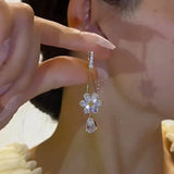 Popxstar New Elegant White Zircon Flower Drop Shape Pendant Gold Color Earrings for Women Exquisite Sweet Temperament Girls Jewelry