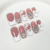 10pcs Luxury Gold Press on Nails 3D Flower False Nails Pearl French Manicure Handmade Fake Nail Tips Square Medium Nail Stickers