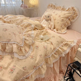 Popxstar  3/4Pcs Korean Princess Style Floral Lace Ruffle 100% Cotton Bedding Set Duvet Cover Bed Skirt/Bed Sheet/Fitted Sheet Pillowcases