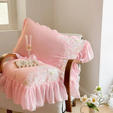 Popxstar  Elegant Lace Rose Embroidery Bedding Sets French Style Luxury 100% Cotton Pink Princess Ruffles Quilt Cover Bed Skirt Pillowcase